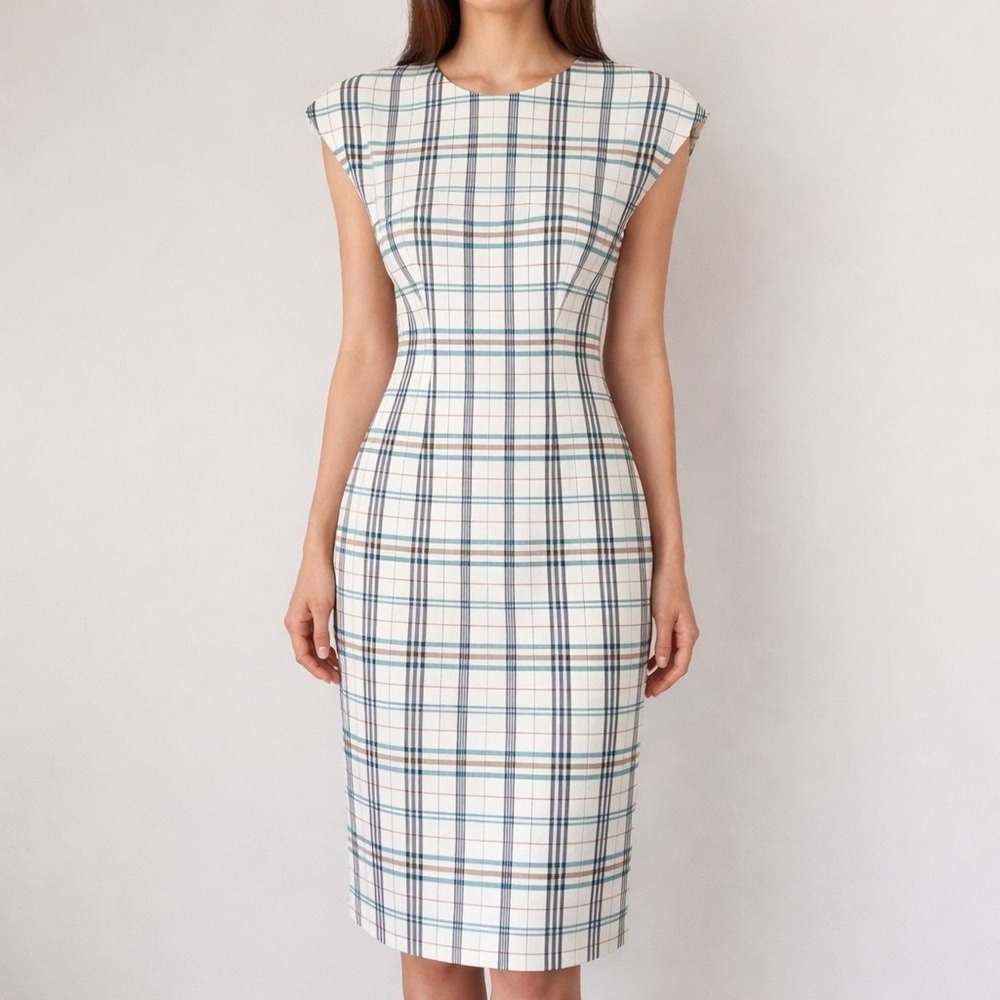 BOSS by Hugo Boss Daela Dress Size 2 Dolman Cap Sleeve Plaid Midi Career Sheath